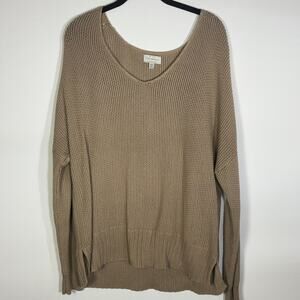 Lucky Brand Tan Cotton Knit Pullover Sweater Hi Low Side Slit Womens Medium
